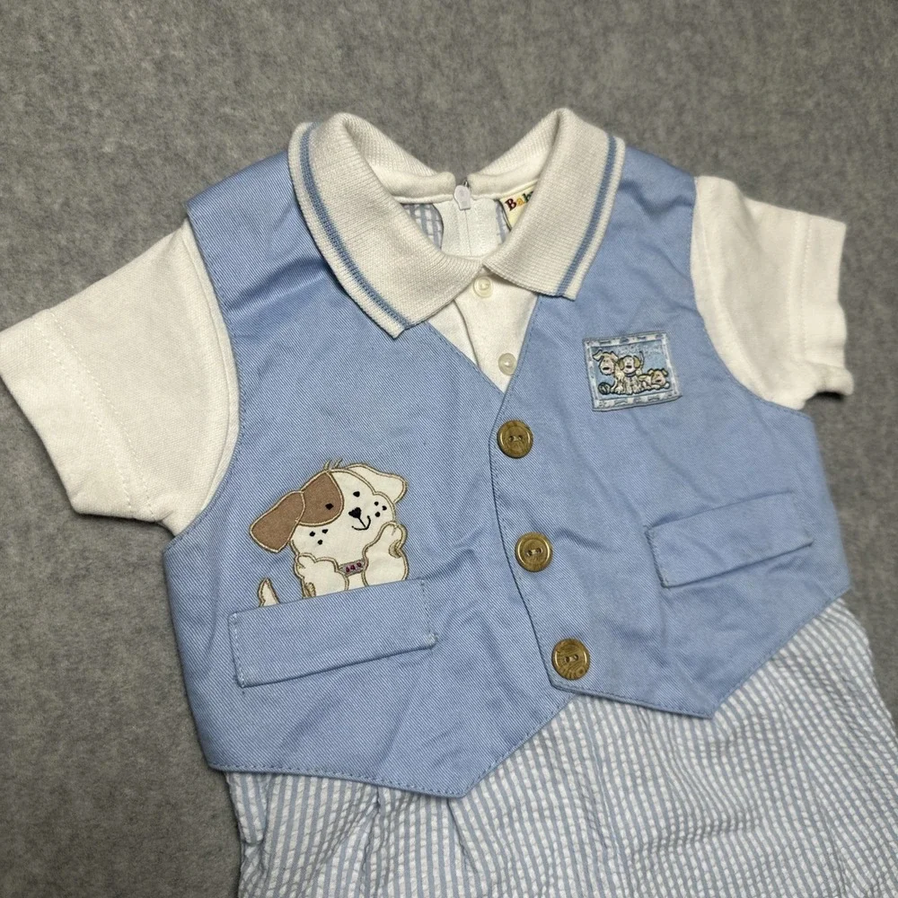 Vintage Baby Togs Overalls Outfit 3-6 Months Dog Puppy Seersucker Baby Blue NWOT